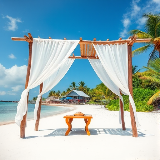 Create a picturesque tropical beach scene featuring a serene, white sandy shore. In the foreground, there's a rustic wooden canopy with white drapes gently flowing in the breeze. Underneath the canopy, a table is set with tropical decor, evoking a sense of relaxation and leisure. The beach extends into a calm, shallow water area with reflections of the sky and surroundings. Palm trees and lush greenery line the edge of the beach, providing a natural, tropical backdrop. The sky is clear with a few scattered clouds, and the overall atmosphere is tranquil and inviting, perfect for a peaceful retreat.