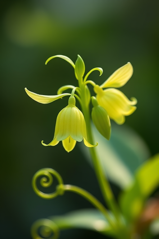Create a high-resolution illustration of a delicate green flower with two bell-shaped blooms and swirling leaves, captured in a soft focus style with a 50mm lens, f/2.8 aperture, and natural light, simulating a digital SLR camera setup.
