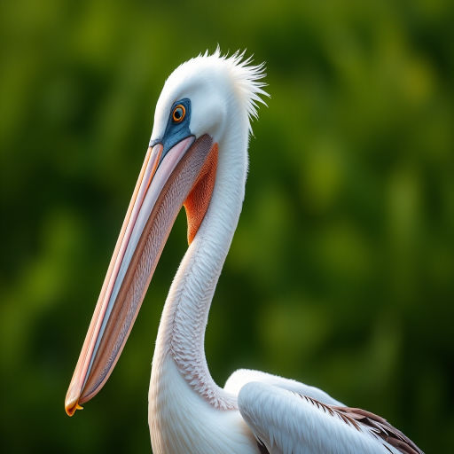 capture a high-resolution image of a pelican with soft feather details and a blurred green background, using a Canon EOS 5D Mark IV, 85mm lens, aperture f/2.8, shutter speed 1/200s, ISO 100, centered composition, natural lighting