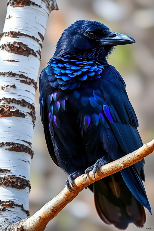 A highly detailed and vibrant illustration of a raven perched on a birch branch, capturing iridescent feathers with deep blues and purples, using a Canon EOS R5 camera, 85mm lens, f/1.8 aperture, ISO 100, shot in natural light.