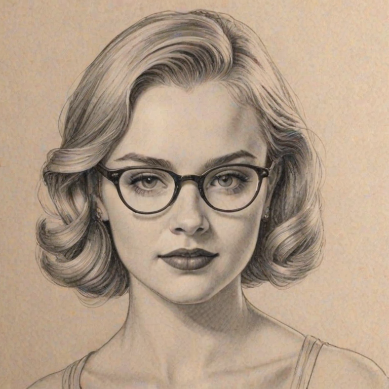 Radiant Sierra McCormick, pencil sketch, portrait of Graceful woman 1935s in glasses, hair style beatnik, outline, clear lines, fine lines, 8k
