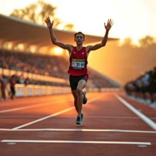 Blurry action shot of a runner crossing a finish line in a race, arms raised in triumph, with soft golden light from the setting sun casting long shadows on the track and distant spectators cheering in the background.