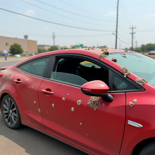 A red car riddled with bullet holes and shattered windows, parked under clear skies in an open area.