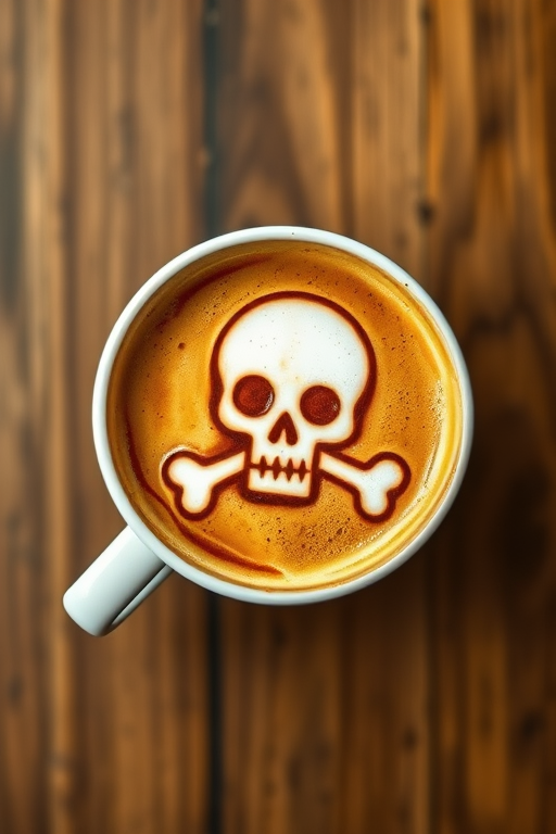 Create an image of a cup of coffee with a skull and crossbones design in the foam, capture it using a DSLR camera with an aperture of f/2.8, a shutter speed of 1/125s, and ISO 100, shot from a top-down view with soft natural lighting to enhance the details and contrast.