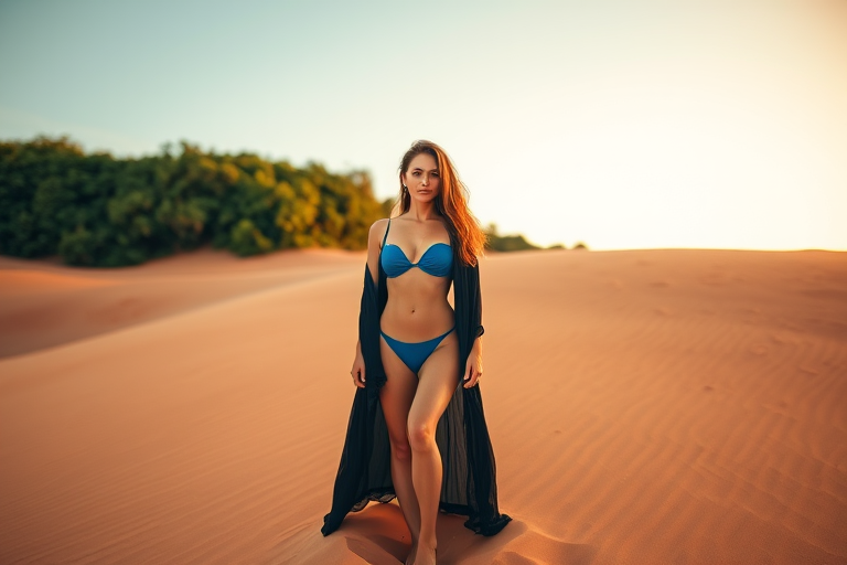 Regenerate the image of a woman in a blue swimsuit and black cover-up standing on orange sand dunes with greenery in the background, taken with a Canon EOS R5, 24mm lens, f/2.8, ISO 100, at a low angle during golden hour for enhanced lighting and detail.