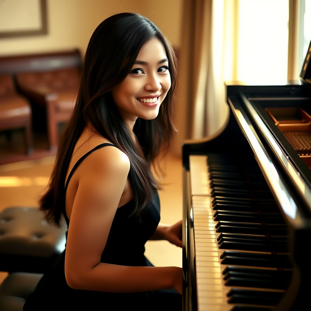 A young woman with long, dark hair smiles at the viewer as she sits at a grand piano, her right hand poised over the keys. The scene is lit by warm, natural light, highlighting the elegant simplicity of the woman's black dress. The perspective is from the side, emphasizing the contrast between the woman's delicate form and the grand scale of the piano. The ivory keys and dark wood of the piano create a striking visual contrast, further emphasized by the rich black of her dress.