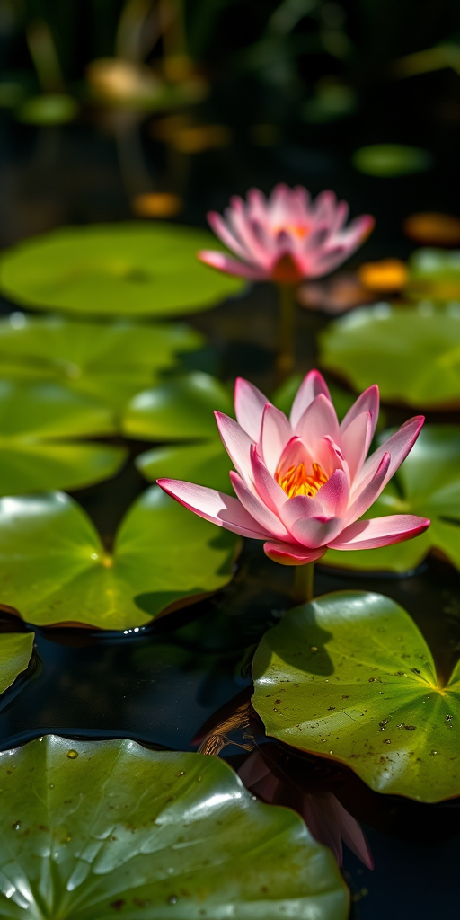 Photograph a pink water lily blooming amidst green lily pads on a pond, using a DSLR camera at f/2.8 aperture, 1/200 sec shutter speed, ISO 100, with a macro lens, at eye level, in natural light to enhance color saturation and detail.