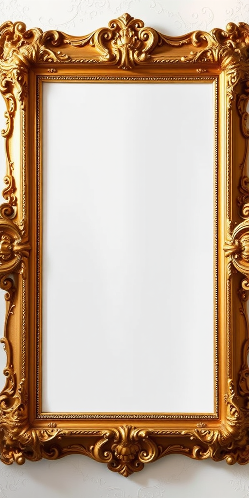 Create an elegant blank canvas set within a vintage ornate gold frame, captured with a Canon EOS R5 at f/8, ISO 100, 1/125s, using a 24-70mm lens in soft diffused natural light.