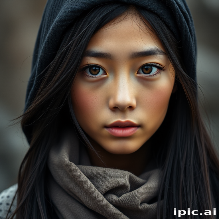 Create a portrait of a young japanese woman with long, dark hair and captivating hazel eyes. She is wearing a dark headscarf and a matching scarf draped gracefully around her neck. The background is softly blurred, focusing attention on her serene and natural expression. The overall color palette is muted and warm, enhancing the intimate and authentic feel of the portrait.