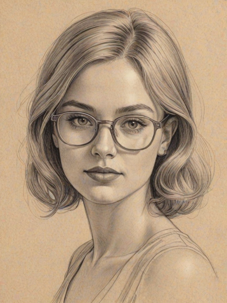Radiant Sofia Vassilieva, pencil sketch, portrait of Alluring woman 1921s in glasses, hair style beatnik, outline, clear lines, fine lines, 8k