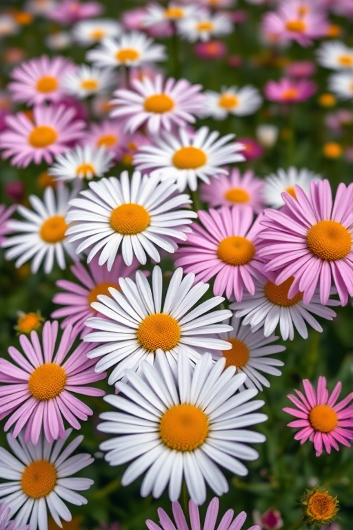 a vibrant field of daisies in full bloom with a focus on the intricate details of petals and centers, captured with a Canon EOS R5, 50mm f/1.2 lens, aperture at f/2.8, ISO 200, natural lighting, shallow depth of field for a soft background.