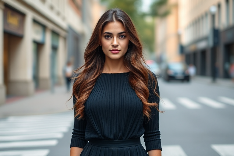portrait of a young woman with long wavy hair wearing a black pleated top and a flared skirt standing confidently on a city street, soft natural lighting, aperture f/2.8, shutter speed 1/200 sec, ISO 100, 85mm lens, shallow depth of field, focus on subject with blurred background