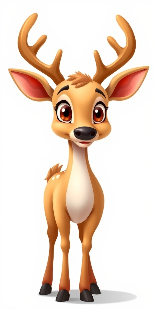 Create a highly detailed illustration of a cartoon deer standing upright with a smooth tan body, large expressive eyes, a small nose, and antlers, set against a plain white background, using digital painting techniques, with a high resolution of 300 DPI, and a soft focus lens effect.