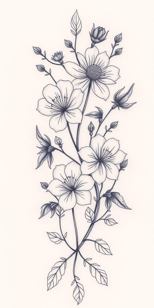 Fine line botanical tattoo called "Whispered Flora" featuring delicate, ultra-thin lines to create intricate renderings of flowers, leaves, and vines with exquisite detail