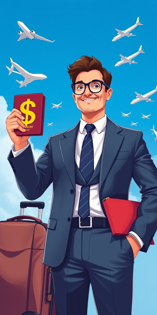 Create an illustration of a businessman holding a dollar sign in front of a passport and a suitcase, with airplanes flying around in a bright blue background, using a Canon EOS R5, 35mm lens, f/8 aperture, ISO 100, high dynamic range for enhanced detail and clarity.