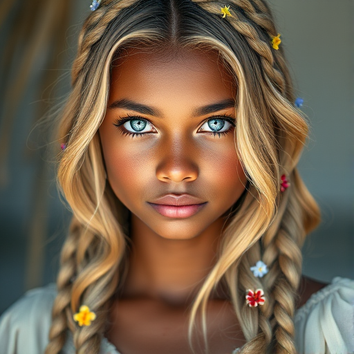 Create an image of a young Garifuna woman with long, wavy blonde hair, adorned with small, colorful flowers woven into her braids and loose strands. Her complexion is fair, with soft, glowing skin, and she has light blue eyes that gaze softly at the viewer. She wears a light, flowing dress with a gentle, ethereal quality, complementing her delicate and serene appearance. The background is slightly blurred, drawing focus to her tranquil expression and the intricate details of the flowers in her hair. The overall mood of the image is one of natural beauty and grace, evoking a sense of peacefulness and connection with nature.