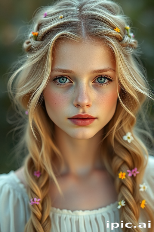 Create an image of a young woman with long, wavy blonde hair, adorned with small, colorful flowers woven into her braids and loose strands. Her complexion is fair, with soft, glowing skin, and she has light blue eyes that gaze softly at the viewer. She wears a light, flowing dress with a gentle, ethereal quality, complementing her delicate and serene appearance. The background is slightly blurred, drawing focus to her tranquil expression and the intricate details of the flowers in her hair. The overall mood of the image is one of natural beauty and grace, evoking a sense of peacefulness and connection with nature.