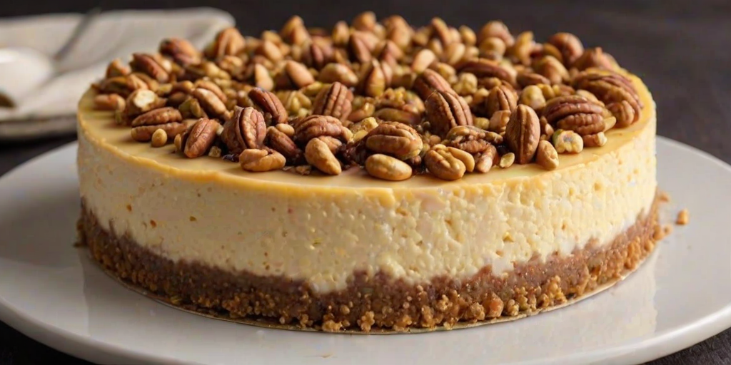 Generate an image of a delicious cheesecake topped with a crunchy layer of nuts. The cheesecake should have a creamy texture and a golden-brown crust, with visible pieces of nuts sprinkled generously on top. The background should be dark to highlight the rich colors of the dessert.