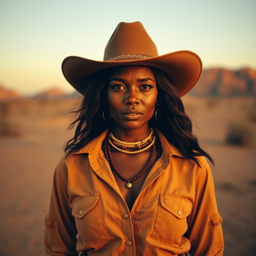Dramatic photo of a beautiful Aboriginal Australian woman, classic cowboy attire, confident and free spirit expression, half-length portrait, centered, golden hour desert landscape, warm, diffused light, low angle, medium format film camera, in style of Annie Leibovitz.