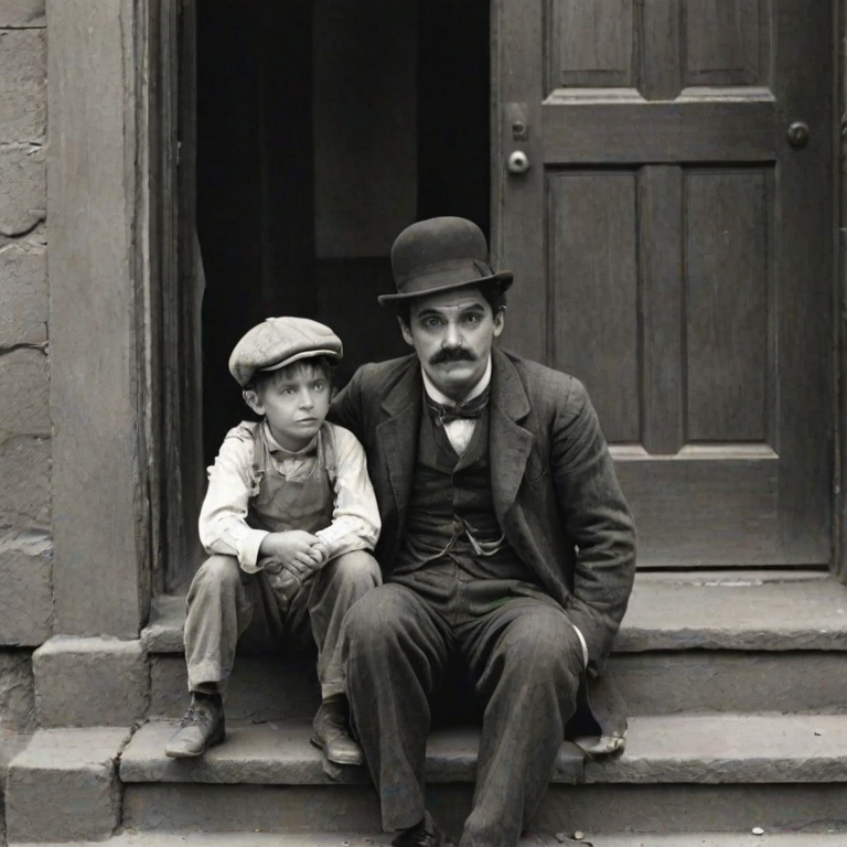 A black-and-white photograph of a man and a child sitting on steps in front of a doorway. The man is dressed as a tramp with a bowler hat, mustache, and ragged clothes, reminiscent of Charlie Chaplin's iconic look. He is sitting with his arms crossed and an expression of slight sadness or frustration. Next to him is a young boy, also in worn clothes and a cap, sitting with his hands clasped, looking thoughtful. The background is an old, textured wall and a partially open door, creating a vintage, early 20th-century atmosphere.