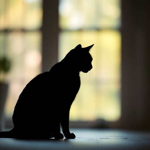Create a high-resolution image of a stylized black cat silhouette, using a 50mm lens, aperture set to f/2.8, ISO 100, shot from a low angle in soft natural lighting, with a blurred background for enhanced focus on the cat.