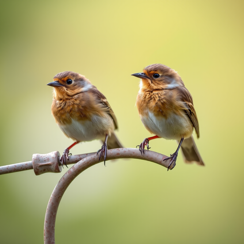 two small brown birds perched on a rustic metal rod with a blurred natural background, shallow depth of field, soft lighting; camera settings: f/2.8, ISO 100, shutter speed 1/200s; camera view: eye-level, camera style: macro photography, camera type: DSLR