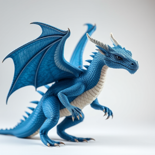 Create a hyper-realistic image of a blue dragon with detailed scales and intricate wings, photographed with a DSLR camera at f/2.8 aperture, 50mm lens, in a studio setting with soft box lighting, capturing the dragon in a dynamic pose against a plain background for enhanced clarity.