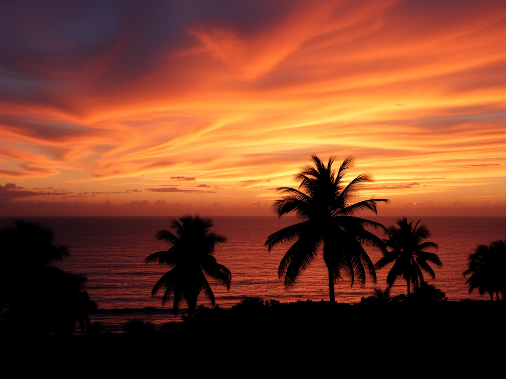 Generate an image of a vibrant sunset over a calm ocean with silhouettes of palm trees, using a DSLR camera with a 50mm lens, f/1.8 aperture, ISO 100, and a shutter speed of 1/200s, capturing a wide-angle view for depth and clarity.