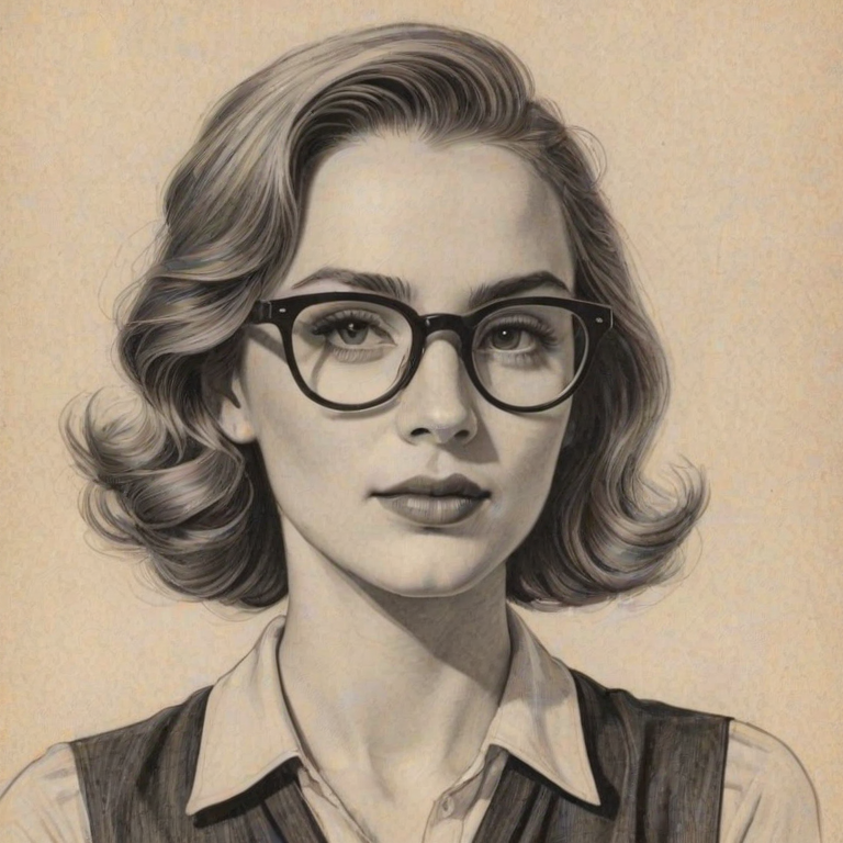 Wonderful Zoe Deutch, pencil sketch, portrait of Bewitching woman 1934s in glasses, hair style beatnik, outline, clear lines, fine lines, 8k