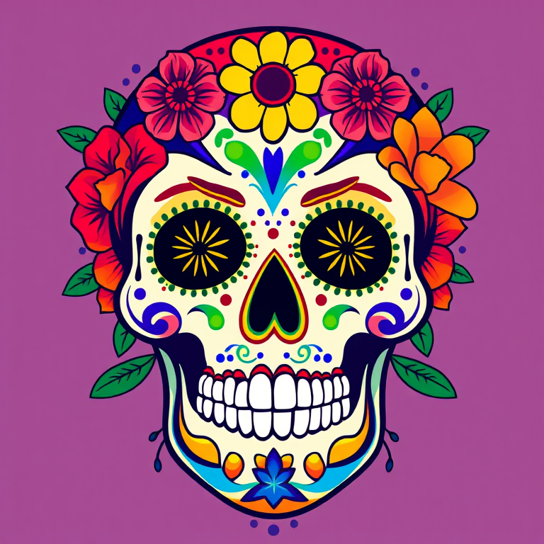 colorful sugar skull design, vibrant colors with floral accents, digital illustration, high resolution, 50mm lens, f/2.8 aperture, ISO 100, soft natural lighting, frontal view