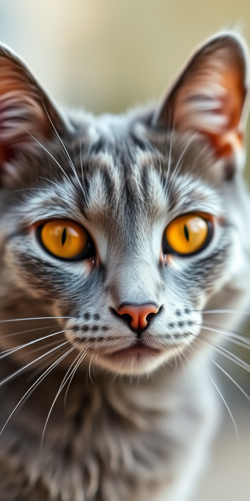 close-up of a gray cat with bright orange eyes, shallow depth of field, natural lighting, aperture f/2.8, ISO 100, 50mm lens, soft background blur, DSLR camera