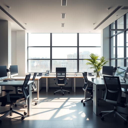 interior office space with modern desks, ergonomic chairs, computer monitors, natural light streaming through large windows, minimalistic decor, soft shadows, photograph taken with a Canon EOS R5, 24mm lens, f/8 aperture, ISO 100, high dynamic range imaging