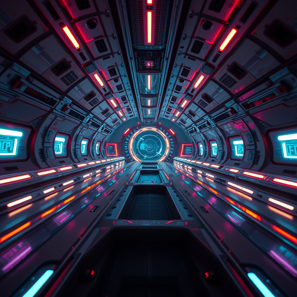 futuristic spaceship scene with neon lights, shot with a Canon EOS R5 at f/1.8, 1/100s, ISO 200, wide-angle view, cinematic style, high dynamic range.