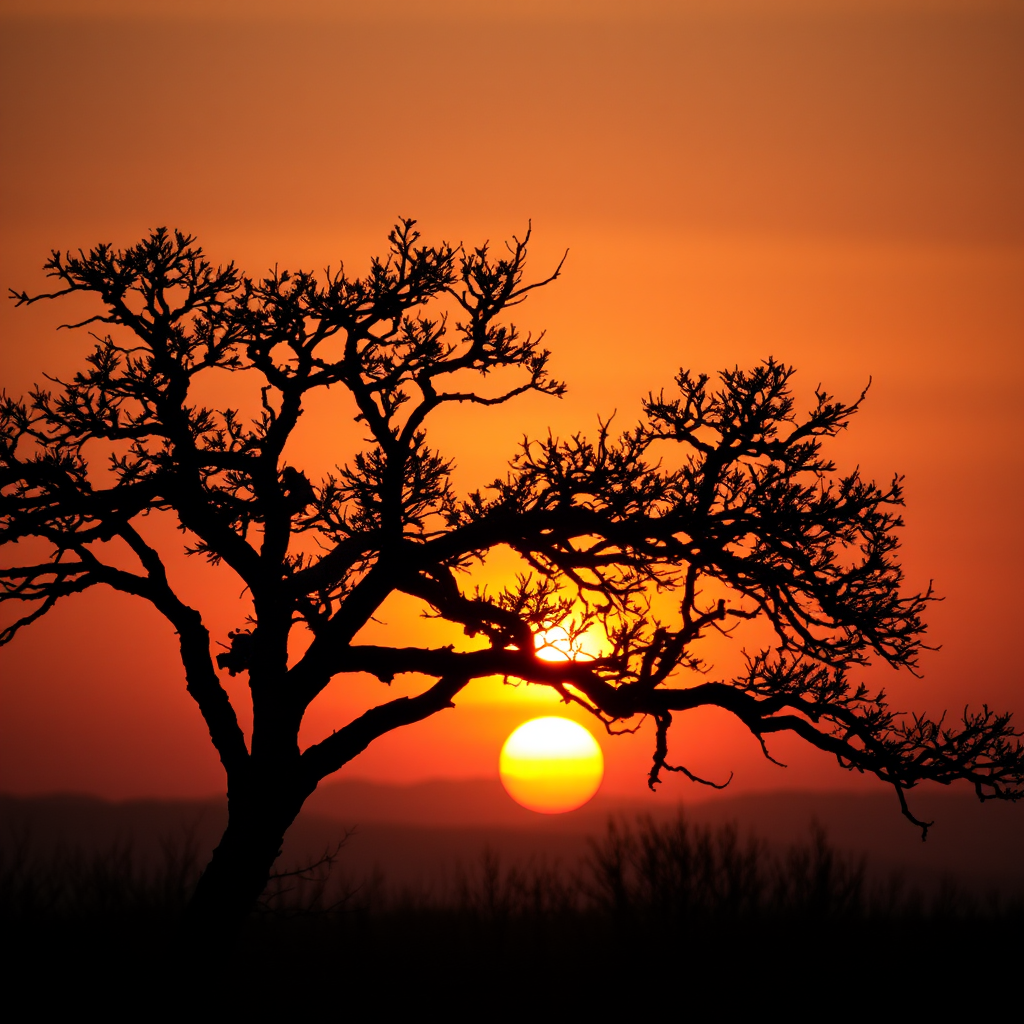 Generate an image of a silhouette of a tree against a sunset background with detailed textures and a soft glowing effect, captured with a DSLR camera at f/2.8, ISO 100, shutter speed 1/60s, in landscape orientation, using a golden hour filter for warm tones.