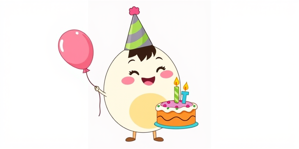 A cute cartoon character with a round body wearing a party hat holding a pink balloon in one hand and a colorful birthday cake with a candle in the other hand, smiling happily, in a simple and cheerful style.