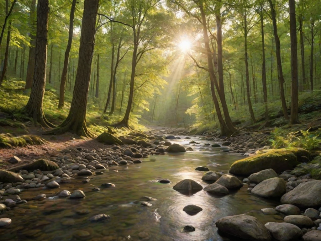 Create an image of a serene, sunlit forest scene with a clear, gently flowing river. Tall trees with lush green foliage line both sides of the river, their leaves bathed in the warm golden light of the setting or rising sun. The sunlight filters through the trees, casting soft, dappled light on the river, which flows over smooth rocks and pebbles, creating a peaceful, natural atmosphere. The sky is bright with a few scattered clouds, and the overall mood is tranquil, evoking a deep sense of connection with nature. The image captures the beauty of a calm, pristine forest landscape at either dawn or dusk.