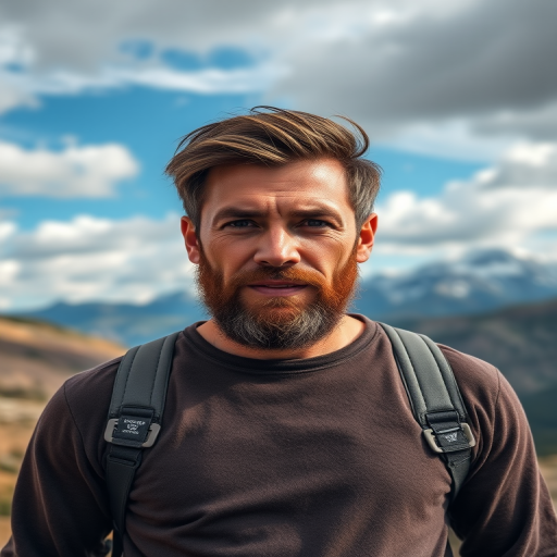 Create a high-resolution portrait of a rugged man standing confidently in a scenic landscape with mountains and a cloudy sky in the background, using a DSLR camera at f/2.8 aperture, 50mm lens, ISO 100, with natural lighting and a shallow depth of field for enhanced detail and texture.