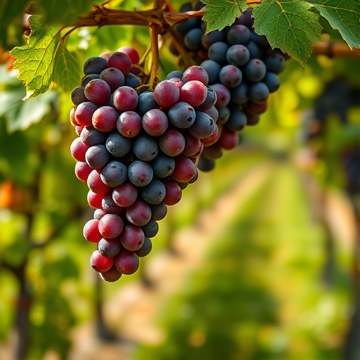 High-quality image of ripe grapes hanging from a vine in a vineyard, captured with a DSLR camera at f/4 aperture, 50mm lens, ISO 100, shallow depth of field, soft natural lighting, focused foreground with blurred background for added depth.