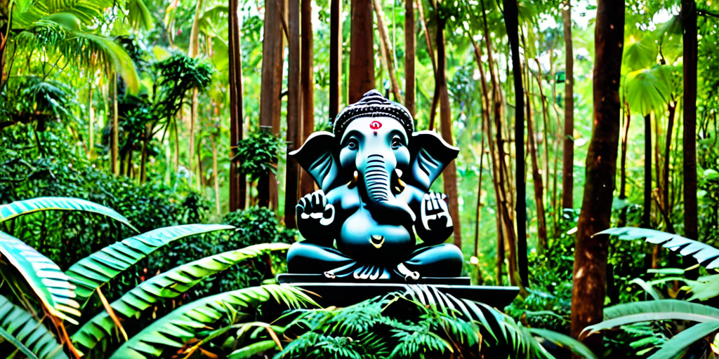 kan du lave et billede af ganesha skåret ud af et gigantisk træ der ser meget gammelt ud med mos og kæmpe rødder i en kæmpe stor fortryllet jungle med en vandfald