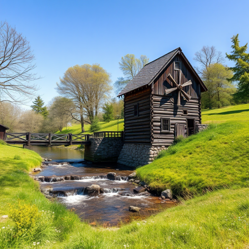 regenerate an image of a rustic wooden watermill next to a serene stream, surrounded by lush green grass and trees, under a clear blue sky, using a DSLR camera with a 24mm lens, aperture f/8, shutter speed 1/125s, ISO 200, in natural light for enhanced vibrancy and detail