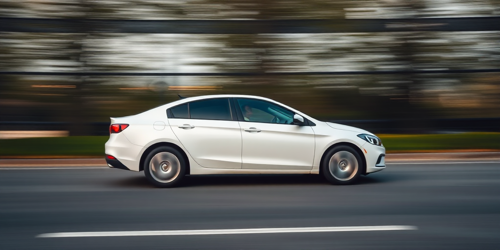Capture a high-speed shot of a white sedan in motion on a blurred background, using a DSLR camera with a 50mm lens, shutter speed at 1/1000s, aperture set to f/4, ISO 200, and a panning technique to create motion blur.
