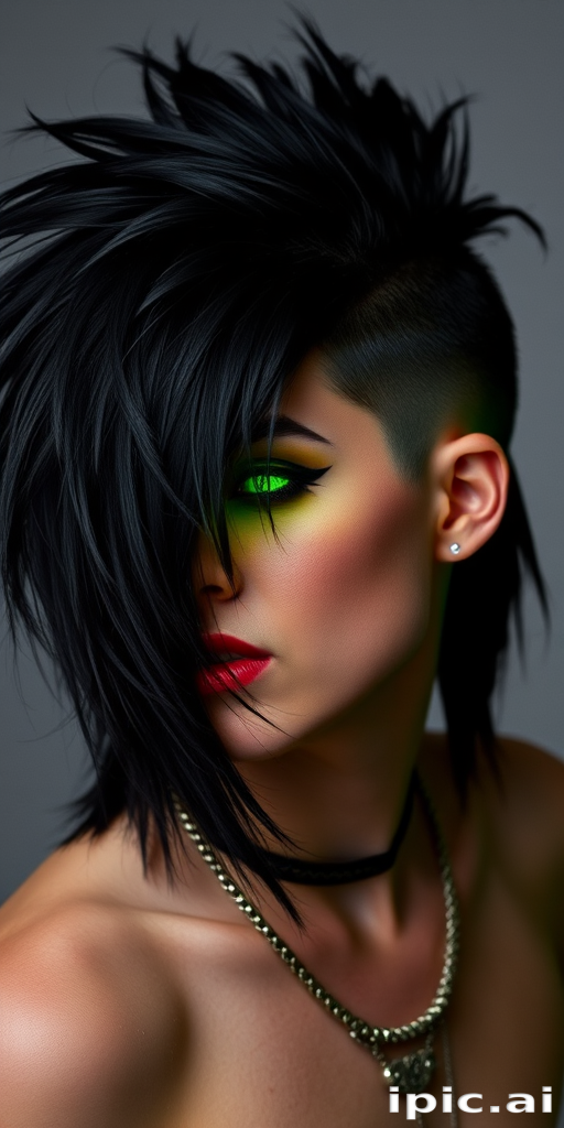 Neon green underlights peeking through a jet black mullet, Electric Rebel cut, featuring a bold contrast between classic punk and modern edge