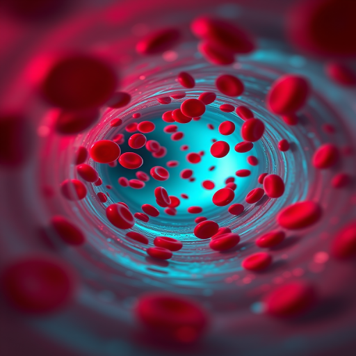 Create a hyper-realistic image of red blood cells flowing through a narrow blood vessel, using a 50mm lens, aperture set to f/2.8, ISO 200, with a close-up view to capture details, in a cinematic style, using a DSLR camera for enhanced quality.