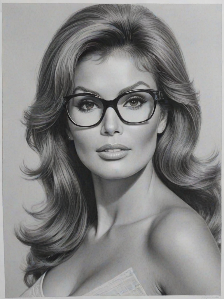 Gorgeous Raquel Welch, pencil sketch, portrait of Graceful woman 1959s in glasses, hair style beatnik, outline, clear lines, fine lines, 8k