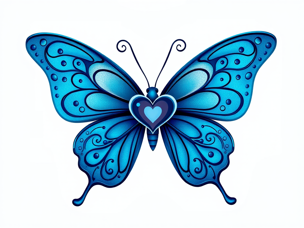 Create an image of a butterfly featuring shades of blue. The butterfly should have intricate designs with swirls and dots, incorporating a heart shape in the center. The overall style should be artistic and vibrant, with a light background.