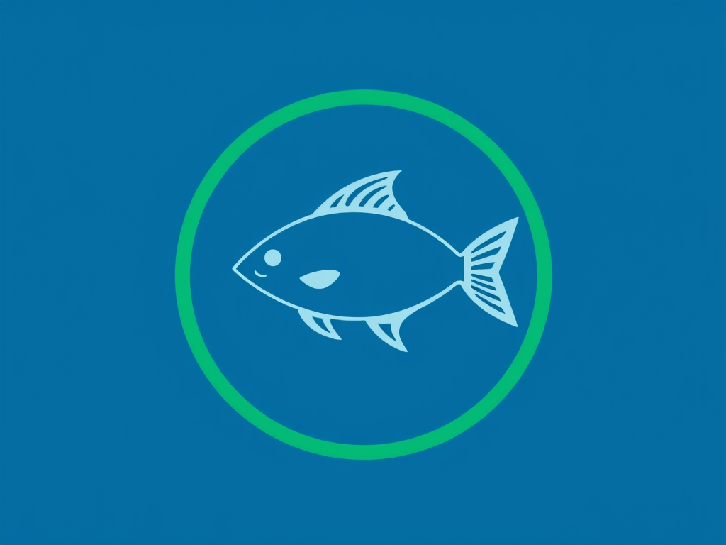 create a logo featuring a minimalist blue fish within a green circular outline, capture with a DSLR camera at f/8 aperture, ISO 100, 50mm lens, and natural soft lighting for enhanced clarity and detail