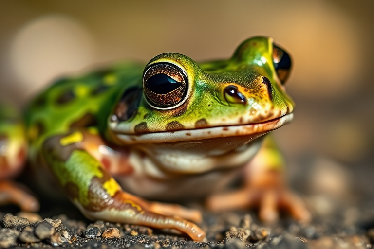 Capture a close-up of a green and brown speckled frog in natural light, using a macro lens at f/2.8 for shallow depth of field, ISO 100, shutter speed 1/200s, with a soft focus background to enhance detail and texture.