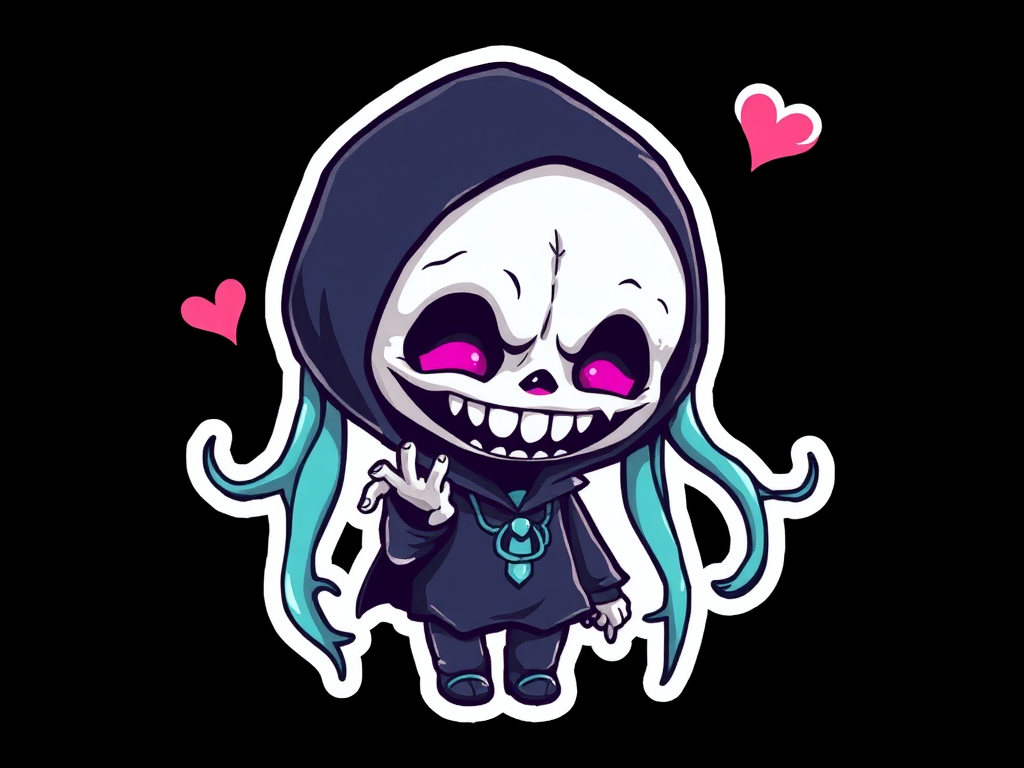 this photo is a kawaii Ghoul power sticker, 3d digital art, black background, sticker line weight