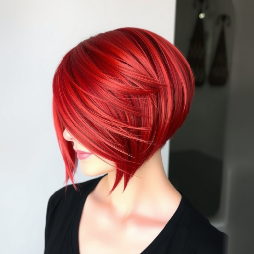 Fiery red bob with asymmetrical layers and razor-sharp edges, featuring subtle orange highlights that create a mesmerizing flame-like effect in the bold "Phoenix Rising" cut
