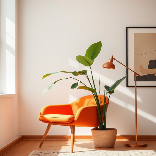 Generate a bright, minimalist interior scene featuring an orange armchair, a potted plant with large leaves, a stylish floor lamp, and framed artwork on the walls, shot with a Canon EOS R5 at f/8, ISO 200, 24mm lens, in natural light to enhance colors and details.